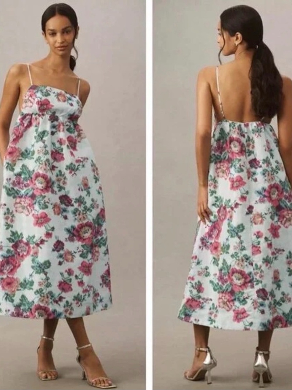 Anthropologie BHLDN Floral Spaghetti-Strap Midi Dress in Pink